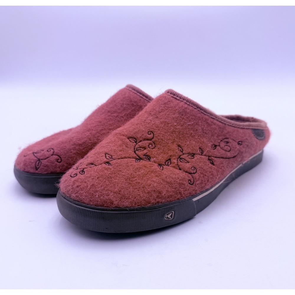 KEEN Howser Women's 9 Brown Wool Felt Clogs Floral Embroidered Slip On Slippers